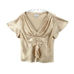 Dressbarn Shirt Woman Sz 18W Champagne Flutter‎ Sleeve V-Neck Ruffle Blouse Y2K